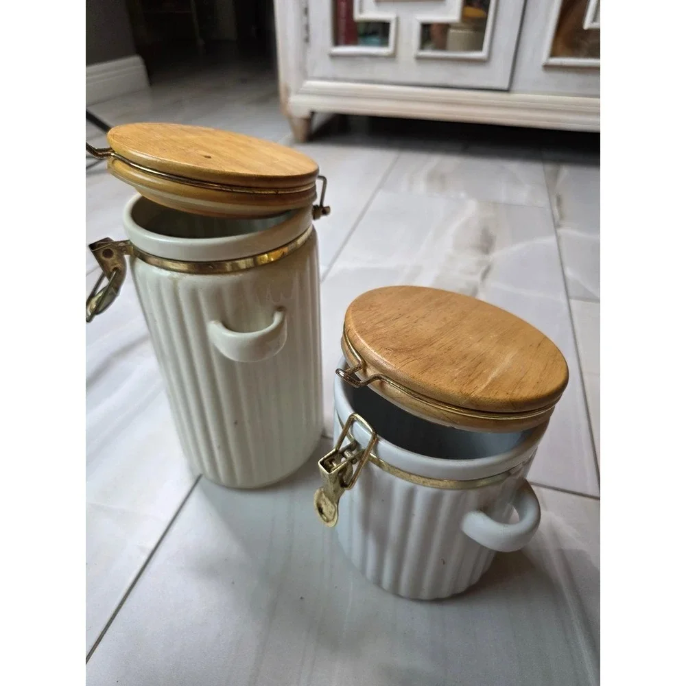 Vintage Ceramic Canister Set‎ Wood Lids Clamp Latch Farmhouse Kitchen Storage B2
